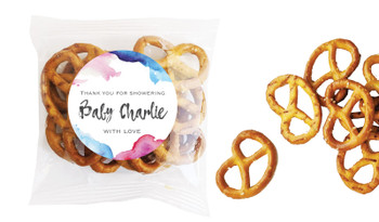 Mixed Watercolour Baby Shower Personalised Bag Of Pretzels
