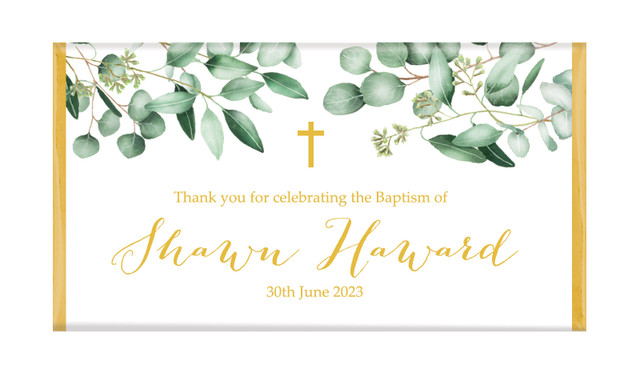 Gum Leaves And Gold Custom Christening Chocolate Bar