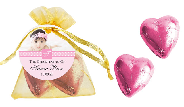 Initial Photo In Pink Christening Organza Bag With Hearts