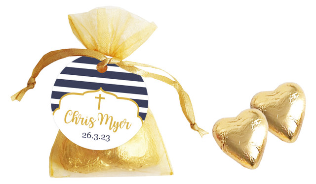 Bold Stripe And Gold Personalised Christening Organza Bag With Hearts