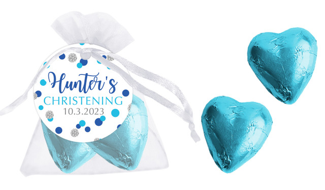Confetti In Blue & Silver Custom Christening Organza Bag With Hearts