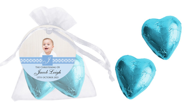 Initial Photo In Blue Christening Organza Bag With Hearts