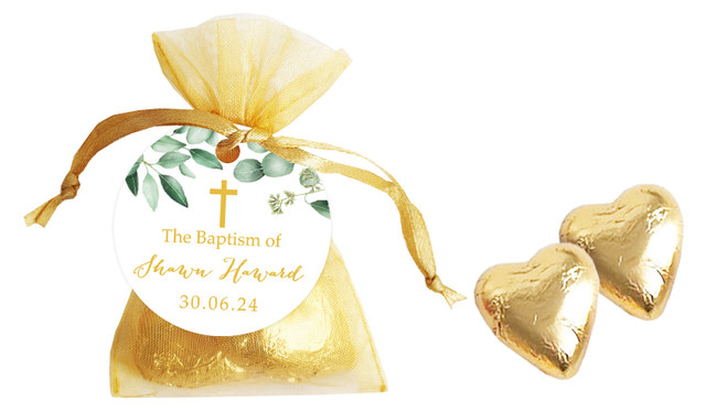 Gum Leaves And Gold Custom Christening Organza Bag With Hearts