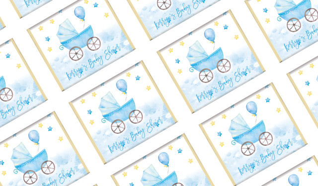 Pram In Blue Personalised Baby Shower Mini Chocolates