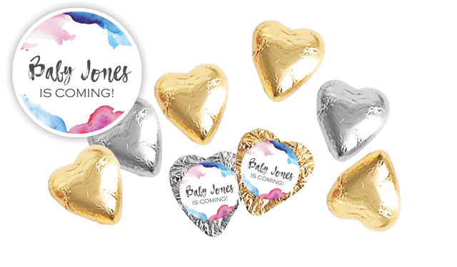 Mixed Watercolour Baby Shower Personalised Foil Chocolate Hearts