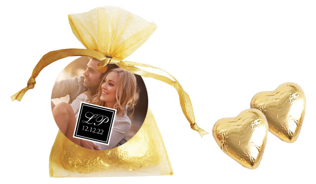 A Photo With Black Square Organza Bag With Hearts And Tag