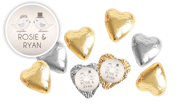 Sepia Love Birds Personalised Foil Chocolate Hearts
