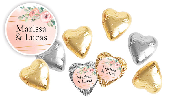 Gold Rings On Peach Personalised Foil Chocolate Hearts