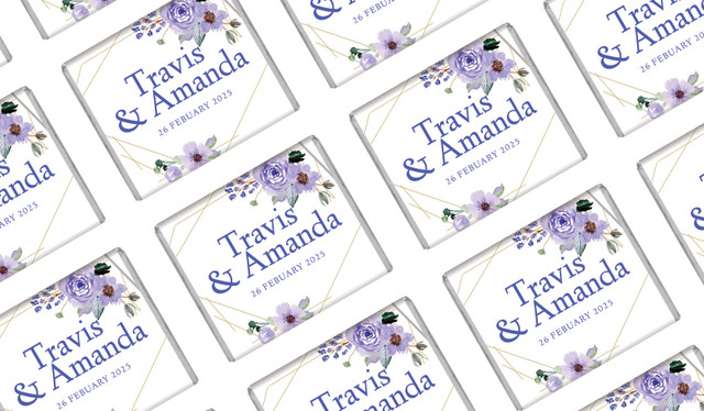 Violets On Gold Frame Wedding Personalised Mini Chocolates