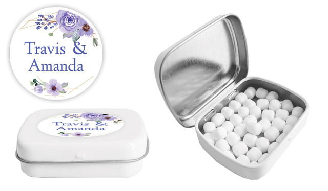 Violets On Gold Frame Wedding Personalised Mint Tin