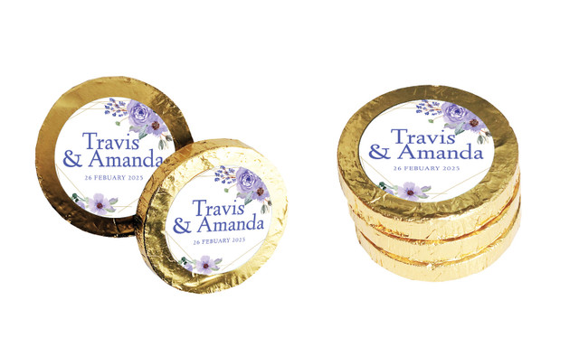 Violets On Gold Frame Wedding Chocolate Coins (Gold Or Silver)