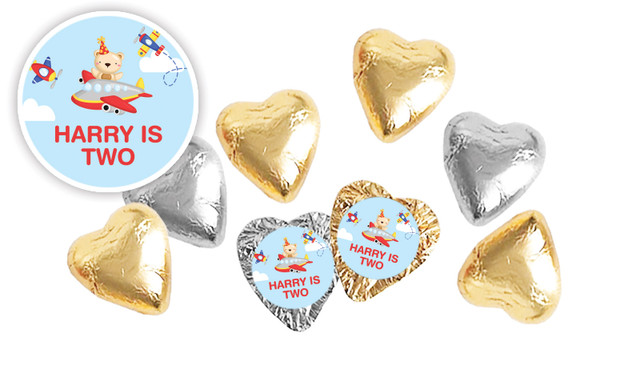 Bear Air Plane Birthday Personalised Foil Chocolate Hearts