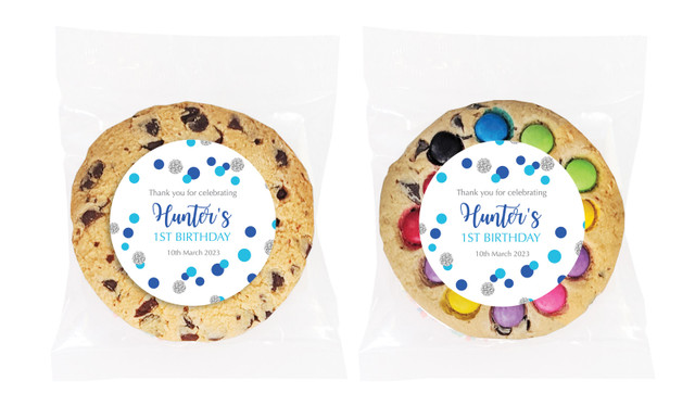 Confetti In Blue And Silver Personalised Birthday Cookie