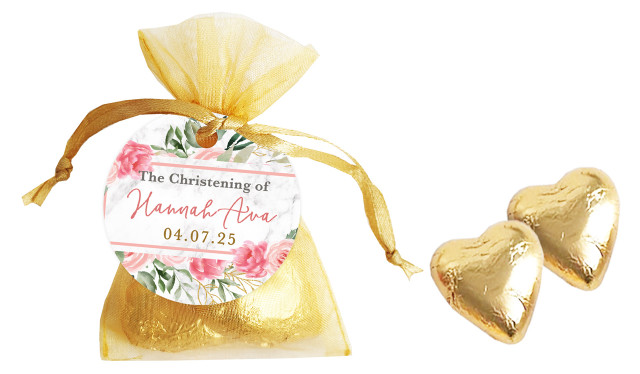 Magnificent Floral Personalised Christening Organza Bag With Hearts