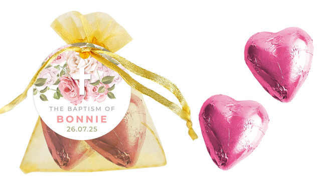 Roses Cross Personalised Christening Organza Bag With Hearts