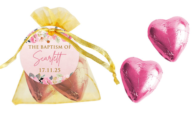 Floral Frame Personalised Christening Organza Bag With Hearts