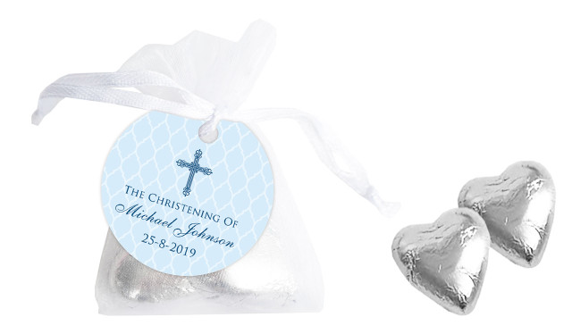 Religious Blue Personalised Christening Organza Bag With Hearts