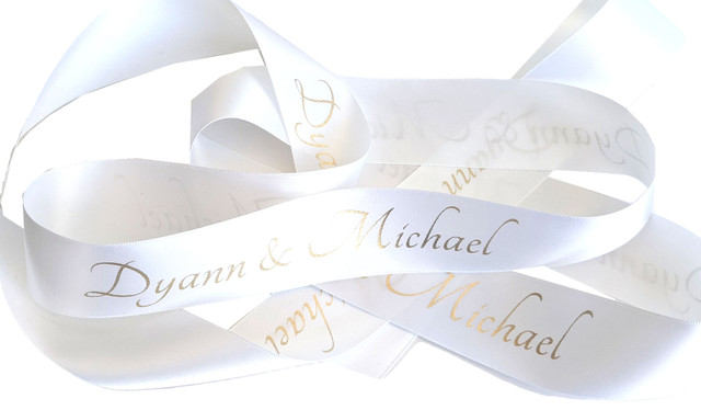 White With Gold Text Personalised Ribbon (1 Metre x 38mm)