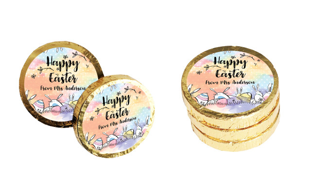 Rainbow Bunnies Personalised Easter Chocolate Coins (Gold Or Silver)