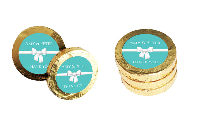 Turquoise Blue Bow Personalised Engagement Chocolate Coins