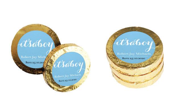 Flowing Words Boys Birth Announcement Chocolate Coin