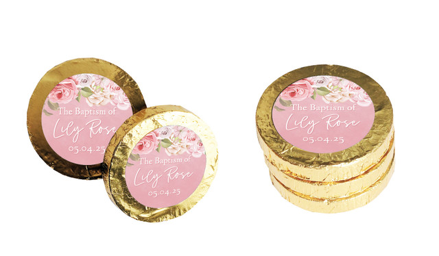 Pink Roses Christening Chocolate Coin