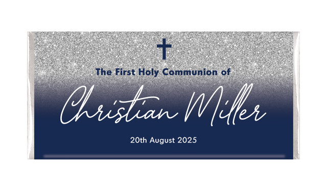 Blue and Silver glitter Personalised Communion Personalised Chocolate