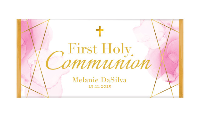 Pink Watercolour with Gold Personalised Holy Communion Chocolates