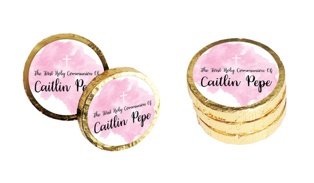 A Splash Of Watercolour Pink Communion Chocolate Coins