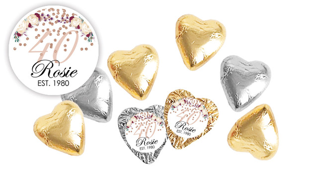 40th Rose Gold Confetti Personalised Foil Chocolate Hearts