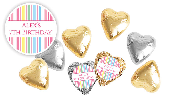 Pastel Stripe Birthday Personalised Foil Chocolate Hearts