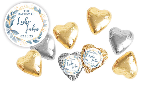 Blue Leaves Christening Personalised Foil Chocolate Hearts