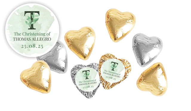 Monogram Green Christening Personalised Foil Chocolate Hearts