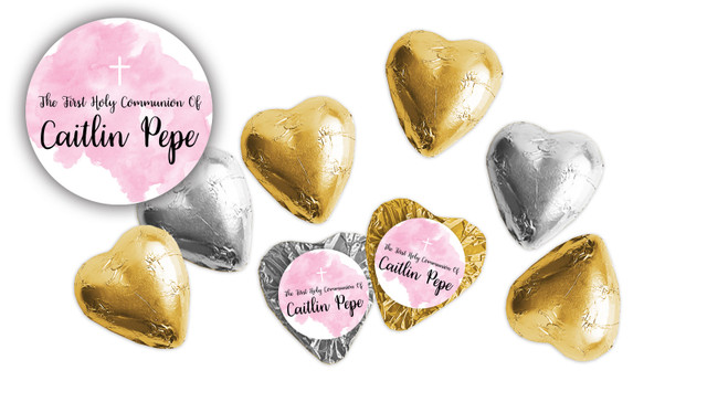 A Splash Of Watercolour Pink Communion Personalised Foil Chocolate Hearts