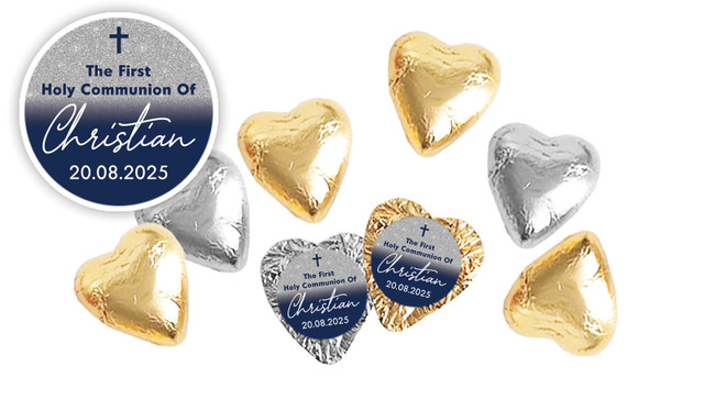 Blue and Silver glitter Communion Personalised Foil Chocolate Hearts