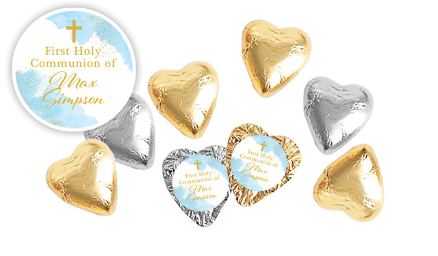 Gold Sparkle on Blue Communion Personalised Foil Chocolate Hearts