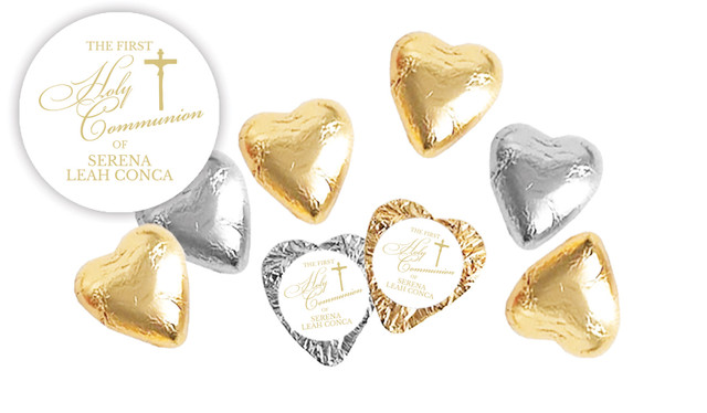 Gold Writing Communion Personalised Foil Chocolate Hearts