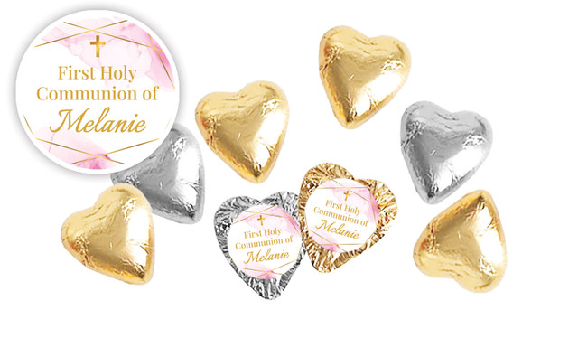 Pink Watercolour with Gold Communion Personalised Foil Chocolate Hearts