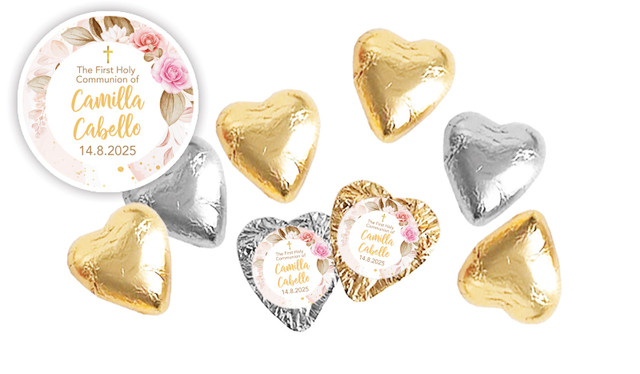 Pretty Roses Communion Personalised Foil Chocolate Hearts