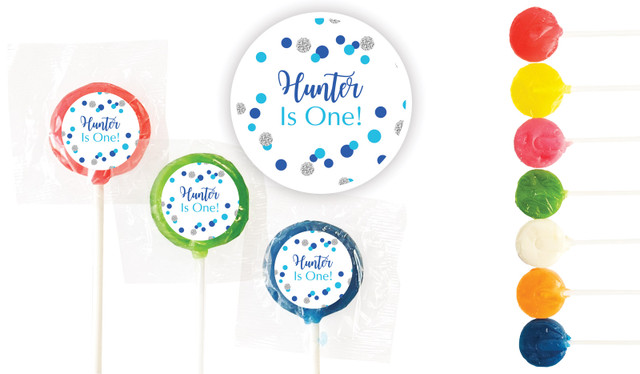 Confetti Blue And Silver Birthday Custom 3cm Mini Lollipops