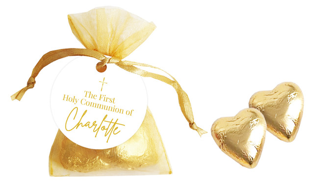 Modern White And Gold Confirmation Organza Bag With Hearts