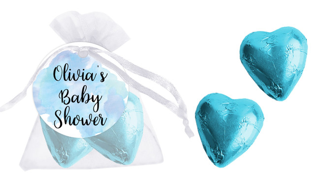 A Splash Of Watercolour Blue Baby Shower Personalised Organza Bag In Gold