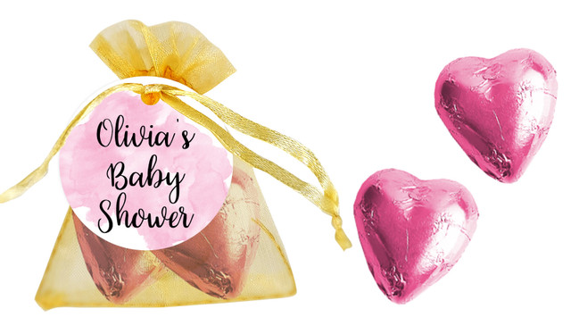 A Splash Of Watercolour Pink Baby Shower Personalised Organza Bag In Gold
