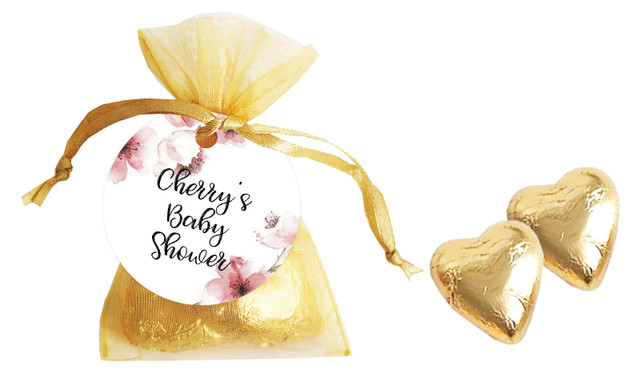 Cherry Blossoms Baby Shower Personalised Organza Bag In Gold
