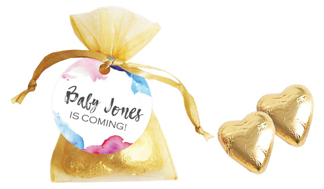 Mixed Watercolour Baby Shower Personalised Organza Bag In Gold