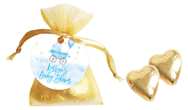 Pram Blue Baby Shower Personalised Organza Bag In Gold