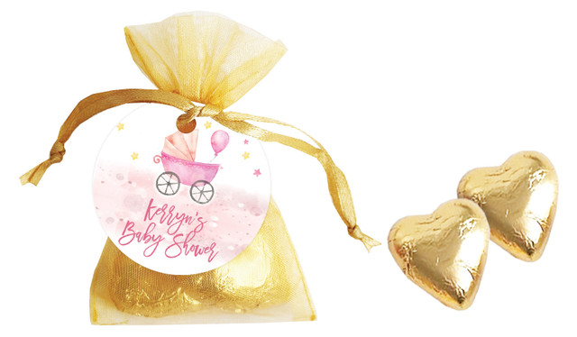 Pram Pink Baby Shower Personalised Organza Bag In Gold