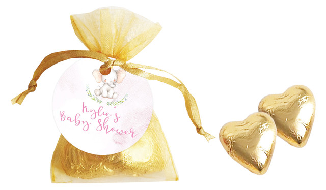 Sitting Elephant Pink Baby Shower Personalised Organza Bag In Gold