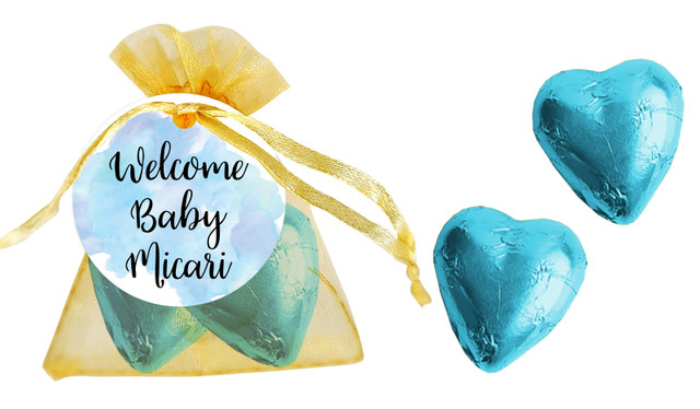 A Splash Of Watercolour Blue Birth Announcement Personalised Organza Bag In Gold