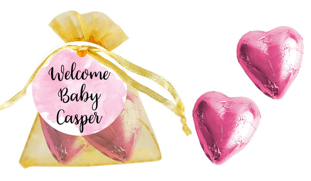 A Splash Of Watercolour Pink Birth Announcement Personalised Organza Bag In Gold
